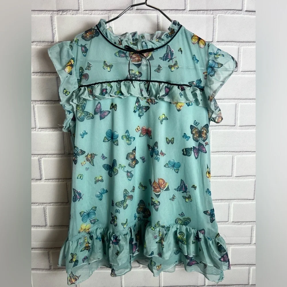 Knitworks Butterfly Print Ruffle girls blouse / green size L(14)